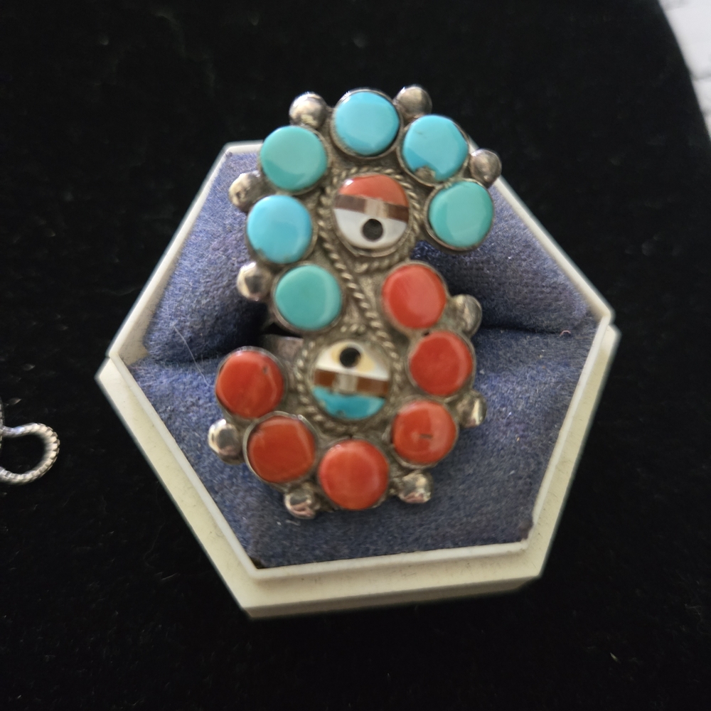 Vintage Signed Sterling ZME Zuni Turquoise & Coral Ring Size 8.